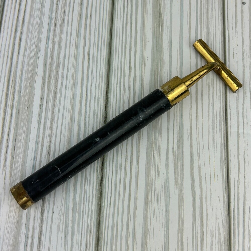 Vintage Brass & Marble Handle Shaving Razor Refillable Black White Gold